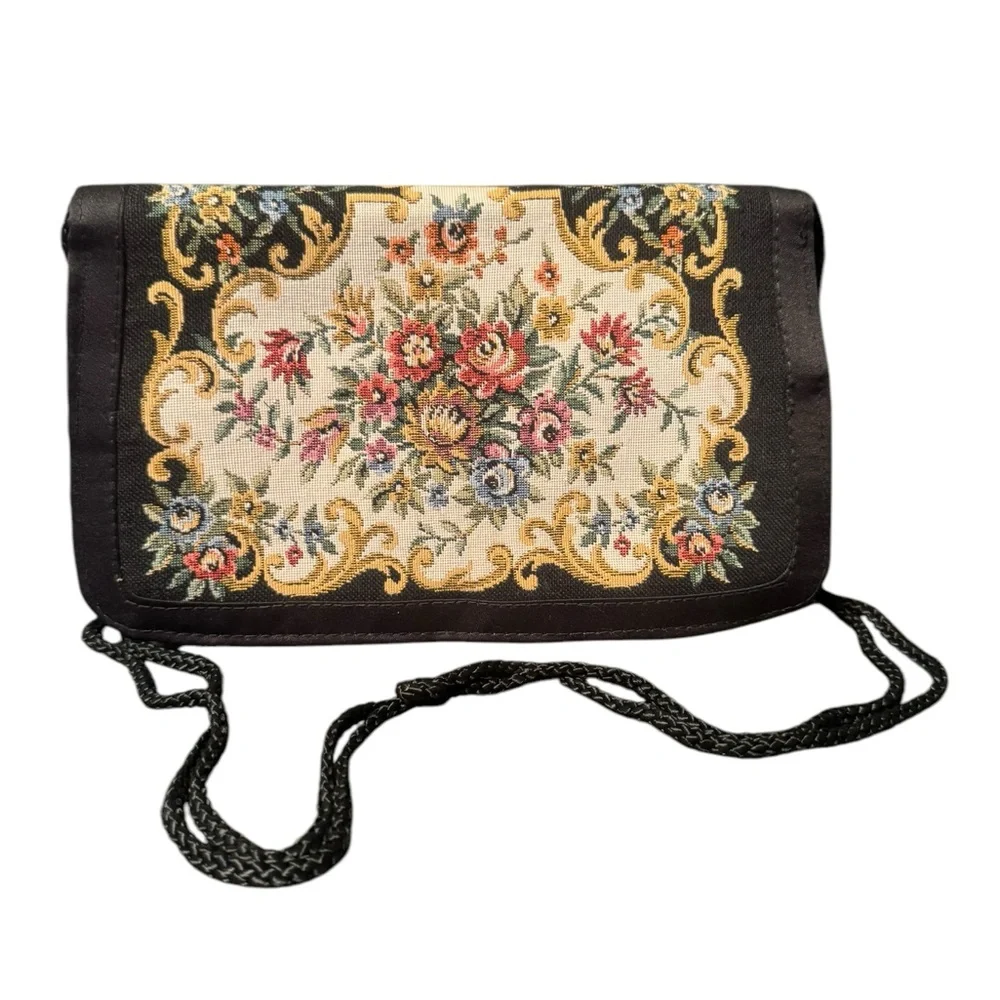 Vintage Floral Tapestry Shoulder Bag Black - Picture 1 of 9